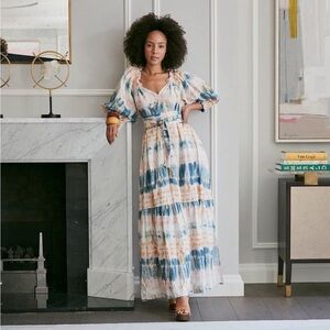 ANNA MASON Tie Dye Bardot Metallic Puff Sleeve Maxi Dress Sz 10 NWT